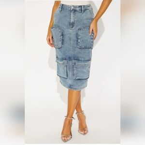 NEW 'Sakura' Cargo Denim Midi Skirt In Medium Wash, Y2K, Size Large